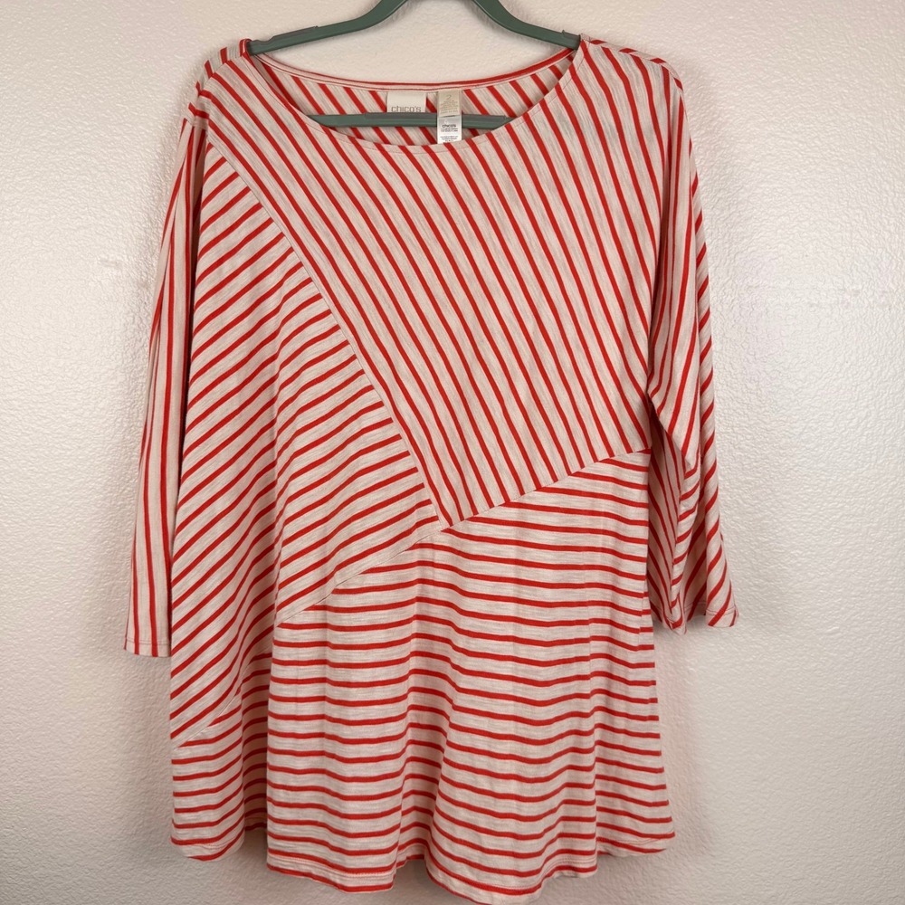Chico's Striped Tunic Women L Orange Travel Comfortable Coastal Cotton Modal Top